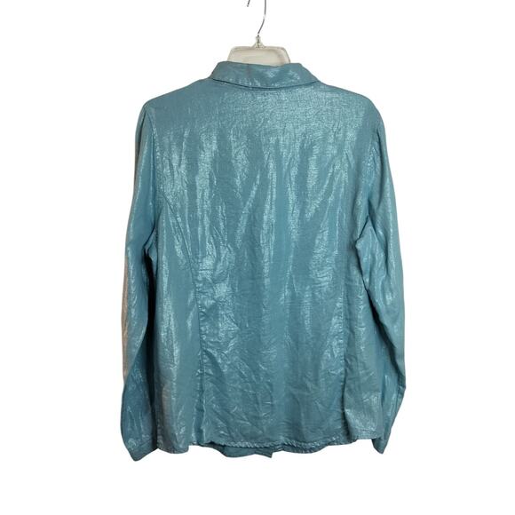 4289)Susan Graver  Aqua Blue Linen Metallic detail Button Up Long Sleeve Top L - Picture 3 of 8
